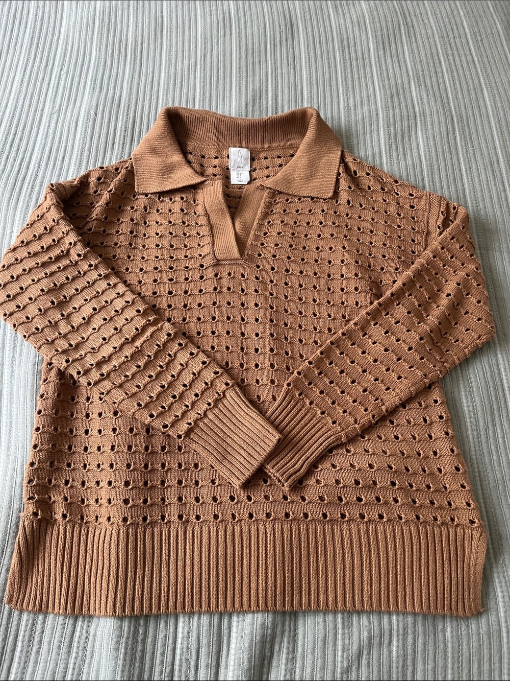 Joie Women's Open-Knit Polo Sweater / Collared Pullover in Camel